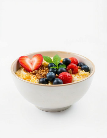 Muesli with fresh berries and nuts in a bowl on a white background
