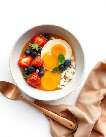Delicious oatmeal porridge with berries in bowl on white background