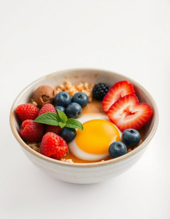 Bowl of oatmeal with fresh berries and egg on white background