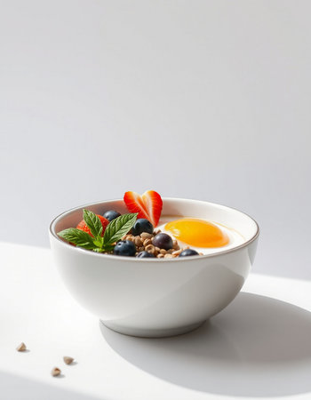 Healthy breakfast. Bowl of yogurt with fresh berries and egg yolk on white background