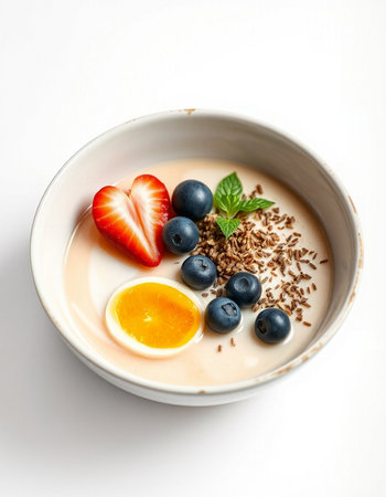 Yogurt with berries in a bowl on a white backgroundの写真素材