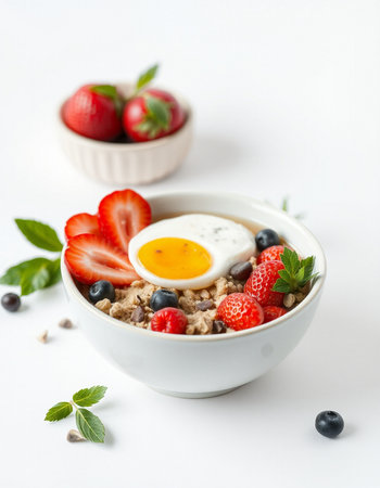 Healthy breakfast bowl with oatmeal, berries and egg on white backgroundの写真素材