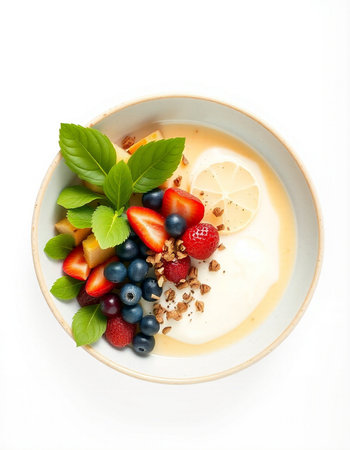 yogurt with fresh berries and mint isolated on a white background
