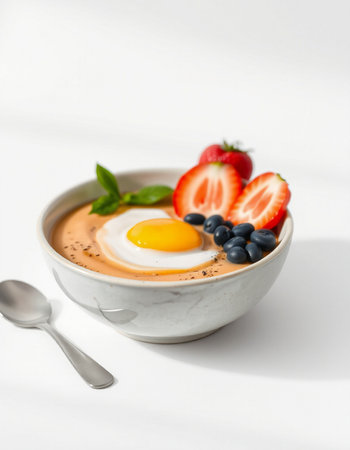 A bowl of healthy breakfast mousse with strawberries, blueberries and egg