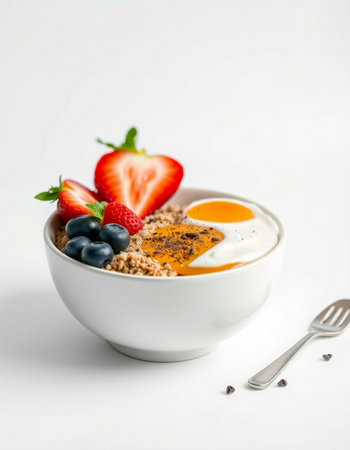 Healthy breakfast with oatmeal and berries on white backgroundの写真素材