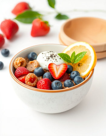 Healthy breakfast with muesli and fresh berries on white background