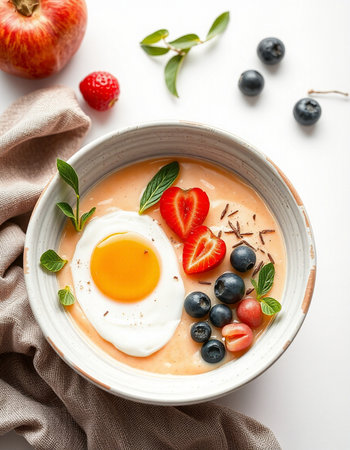 Healthy breakfast bowl with omelet, strawberries, blueberries