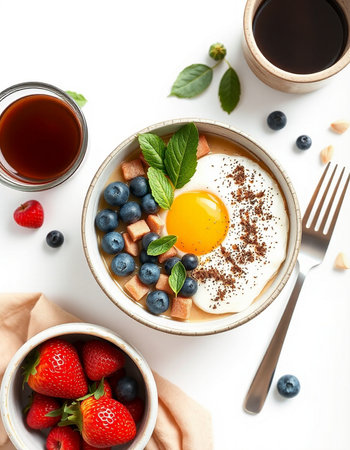 Breakfast with omelet, berries and coffee on white background