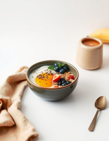 Healthy breakfast bowl with oatmeal, berries and honey on white background