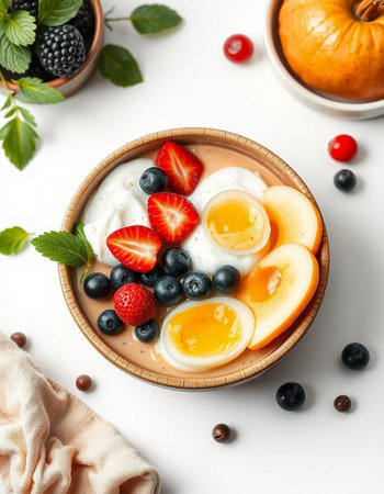 Healthy breakfast. Oatmeal with yogurt, fresh berries and fruits on a white background