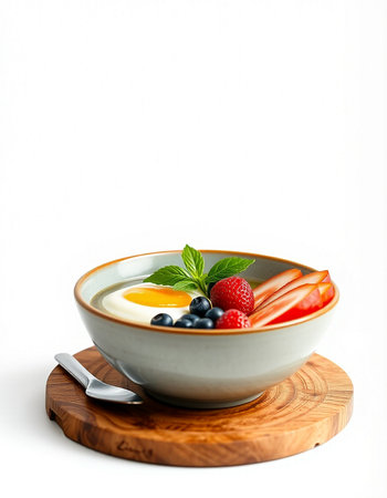 Healthy breakfast with yogurt, strawberries and blueberries in a bowl