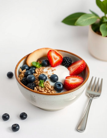 Healthy breakfast with yogurt, berries and granola on white background