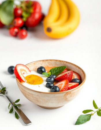 Healthy breakfast with yogurt, strawberries and blueberries on a white background