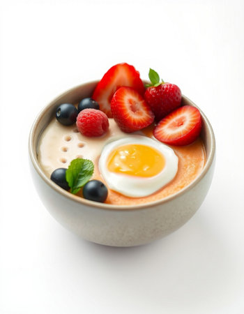 bowl of oat porridge with berries on white background
