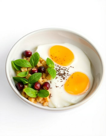 Fried eggs with cranberries on a white background