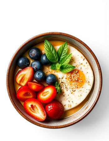 Healthy breakfast bowl with oatmeal, yogurt, berries and mint isolated on white background