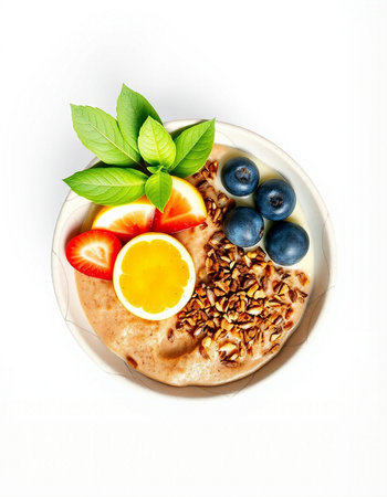 Healthy breakfast with oatmeal porridge and fresh berries on white background