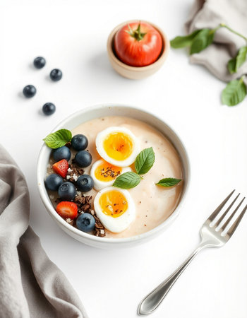 Oatmeal porridge with fresh berries on a white background