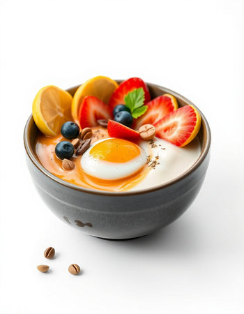 Yogurt with omelet and berries in bowl on white background
