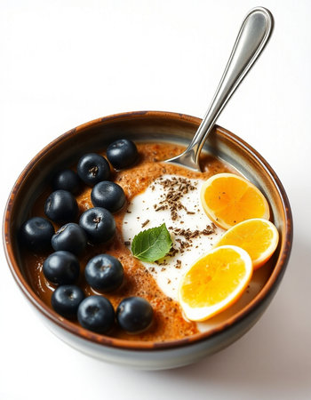 Pudding with blueberries, orange and mint in a bowl.