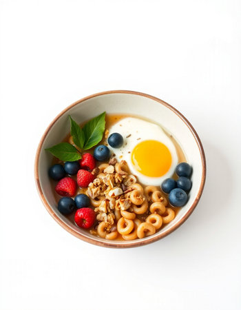 Bowl of cereal with berries and fried egg on white background