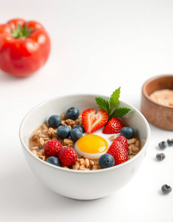 Oatmeal porridge with fresh berries and fried egg on white background