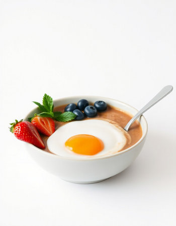 Bowl of omelet with fresh berries and egg on white background