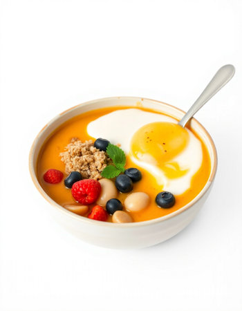 Healthy breakfast with yogurt, muesli and berries on white backgroundの写真素材