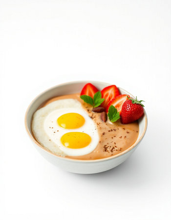 Breakfast with eggs, strawberries and chocolate on white background