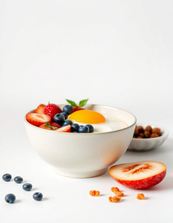 Healthy breakfast with yogurt, berries and nuts on a white backgroundの写真素材
