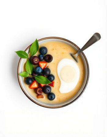 Bowl of porridge with fresh berries and egg isolated on white background