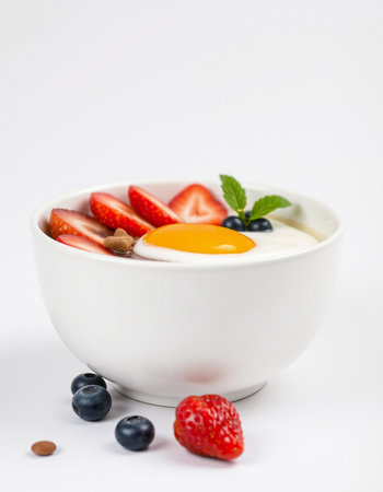 Healthy breakfast with yoghurt, strawberries and blueberries on white backgroundの写真素材