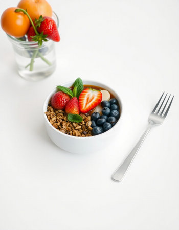 Healthy breakfast with berries and granola on white backgroundの写真素材