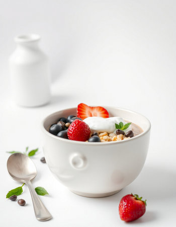 bowl of muesli with fresh berries and yogurt on white backgroundの写真素材