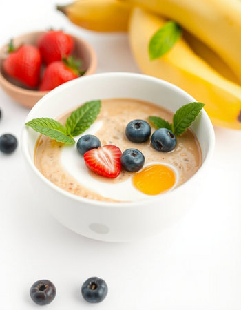 Cup of oatmeal with fresh berries and yogurt on white background