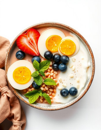 Healthy breakfast bowl with yogurt, berries, eggs and nuts on white backgroundの写真素材