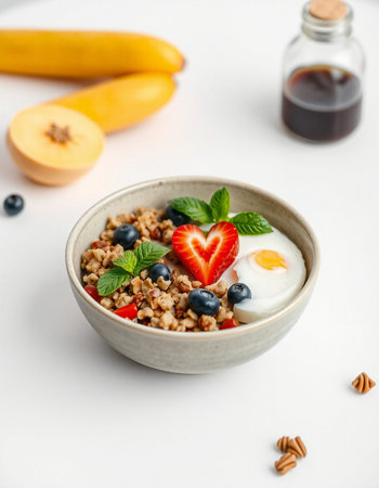 Healthy breakfast with oatmeal, berries and yogurt on white backgroundの写真素材