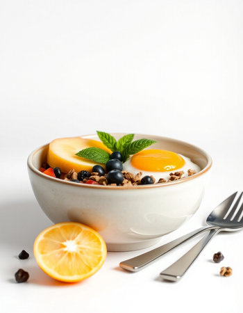 Healthy breakfast with muesli and fruits on a white background