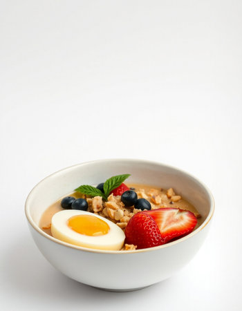 Bowl of oatmeal with fresh berries and egg on white background