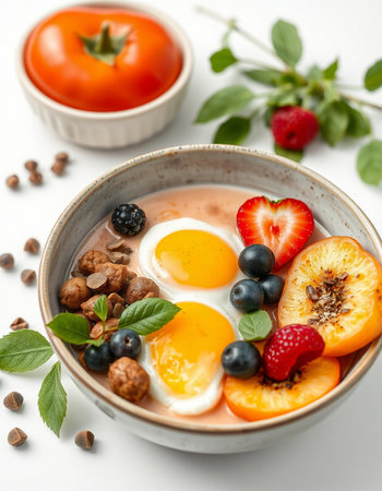 Breakfast bowl with omelette, berries and nuts on white background