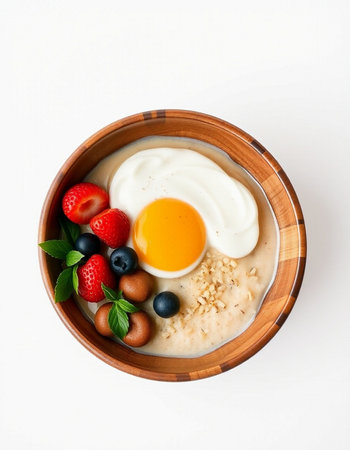 Oatmeal porridge with berries and egg in wooden bowl on white background