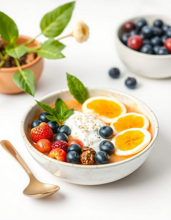 Healthy breakfast bowl with oatmeal, berries and yogurt on white background