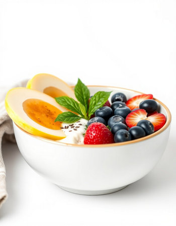 Fresh fruit salad with yogurt and berries in a bowl on a white background
