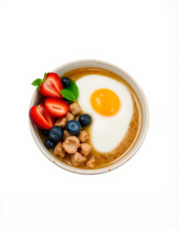 Bowl of oatmeal with fresh berries and fried egg isolated on white background