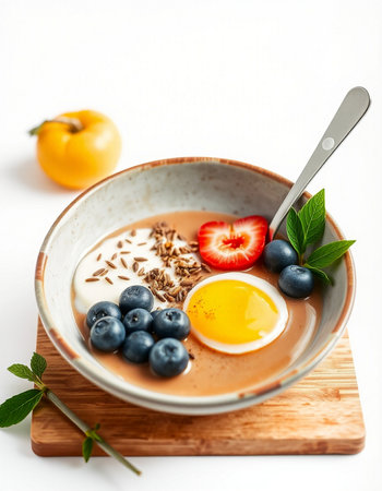 Healthy breakfast bowl with oatmeal, blueberries, strawberries and egg yolk.