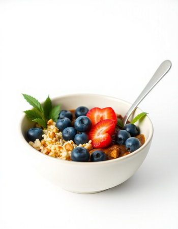 Bowl of cereal with fresh berries and mint on white background