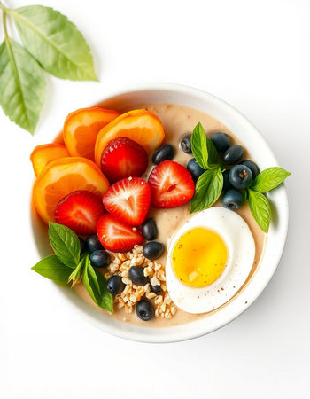 Oatmeal porridge with fresh berries and egg, isolated on white