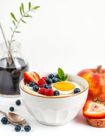 Healthy breakfast with yogurt, strawberries, blueberries and egg in a bowl on a white background