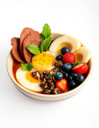 Healthy breakfast bowl with fruits and nuts on white background