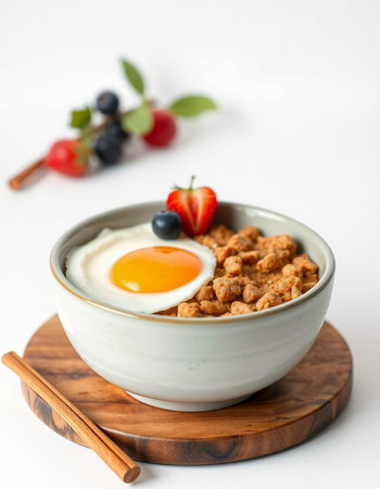 Bowl of breakfast cereal with egg and berries on a white background